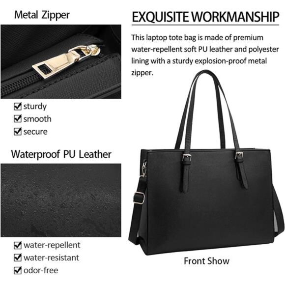 Laptop Bag for Women Waterproof Lightweight Leather 15.6 Inch Computer Tote Bag - Picture 2 of 7